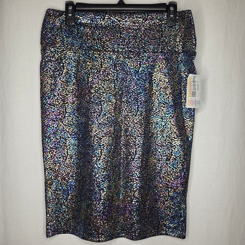 LuLaRoe Elegant Cassie Multicolor Holographic Metallic Pencil Skirt NEW Large